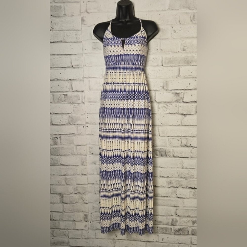Kismet Blue White Pattern Maxi Dress Small Stretch Rhinestone Chest Detail